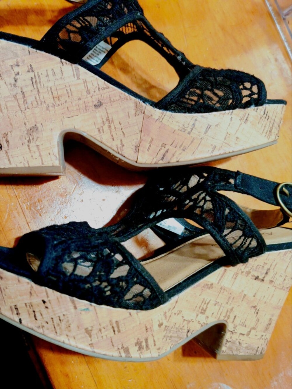 American Eagle Outfitters Black Lace Open-Toe T-Strap Cork Wedge Heels Size 10